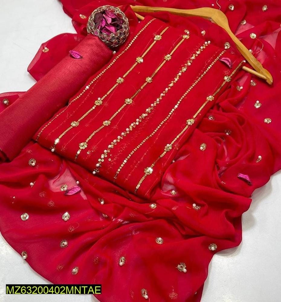 3 Pcs Women's Unstitched Chiffon Embroidered Suit